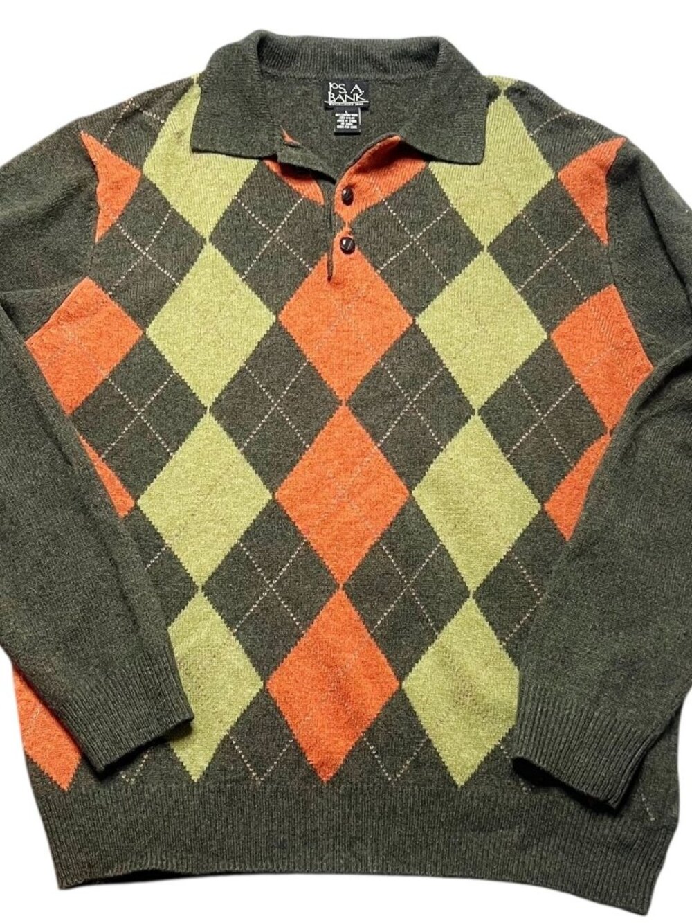 Jos. A Bank Sweater Mens Size L Green Orange Argyle Pullover Wool Blend Grandpa